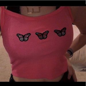 cropped pink tank top with 3 pink butterflies